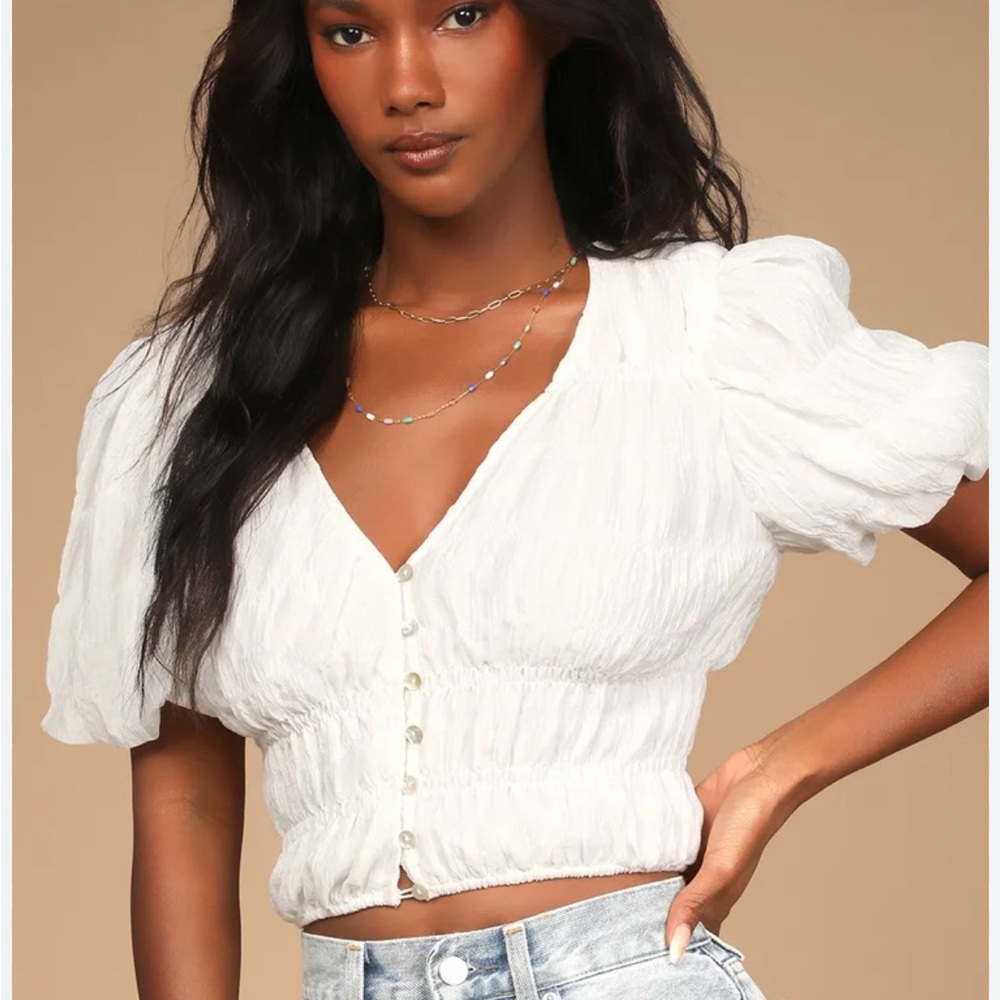 Lulu's White Button-Up Puff Sleeve Blouse